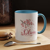 Personalized Name Mug, Pink Cherry Blossom Black Accent Coffee Cup, Custom Name Gift for Her, Girl, Daughter, Birthday or Nursery Keepsake