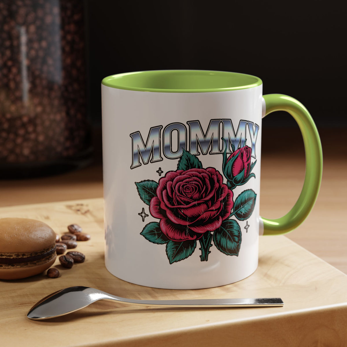 Mommy Coffee Mug, Pink Rose and Teal Leaf Design with Silver Look Lettering, Mother's Day Gift for Mom or a Floral Birthday Present for Her