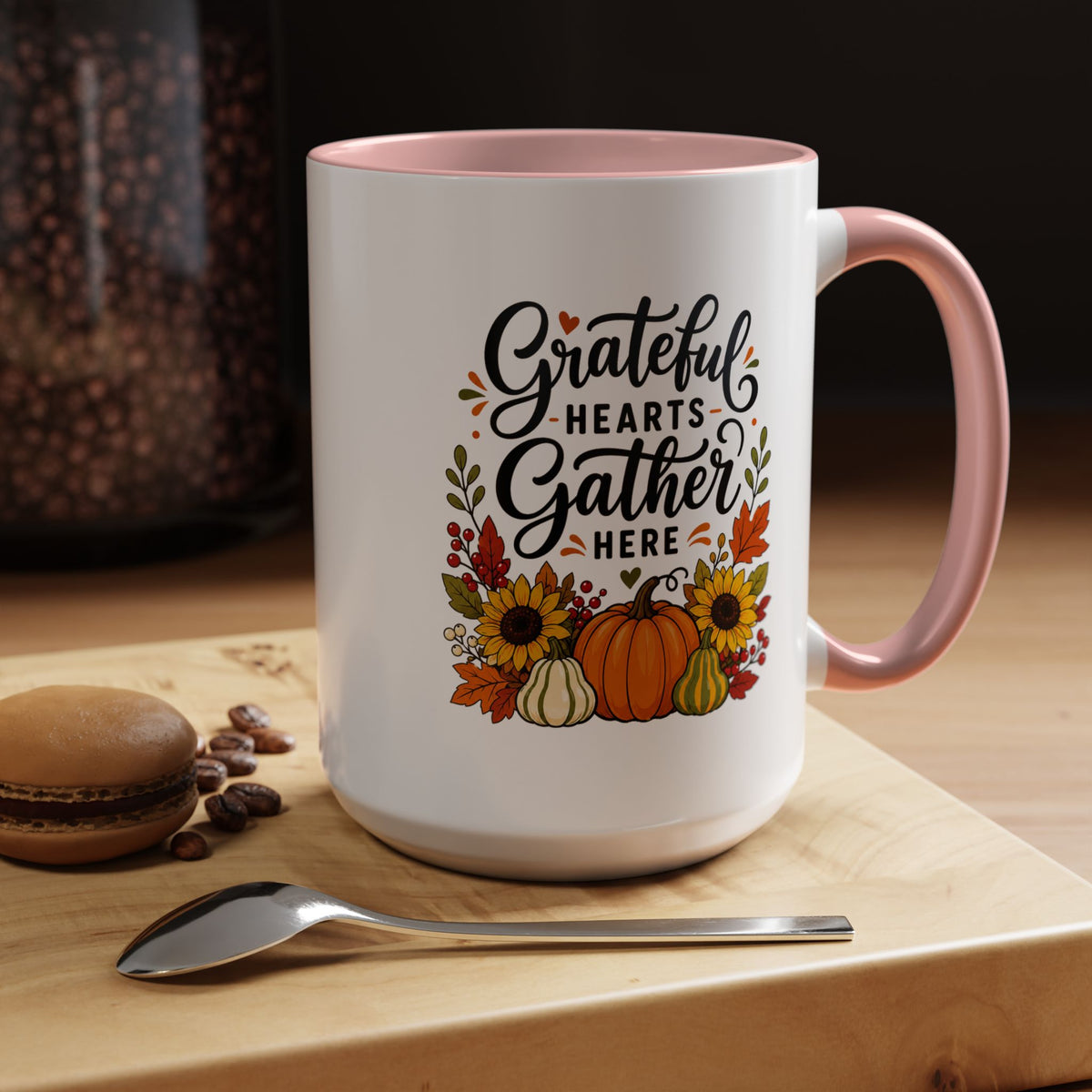 Grateful Hearts Gather Here Mug, Thanksgiving Pumpkin Coffee Cup, Rustic Fall Hostess Gift, Sunflower Harvest Kitchen Decor