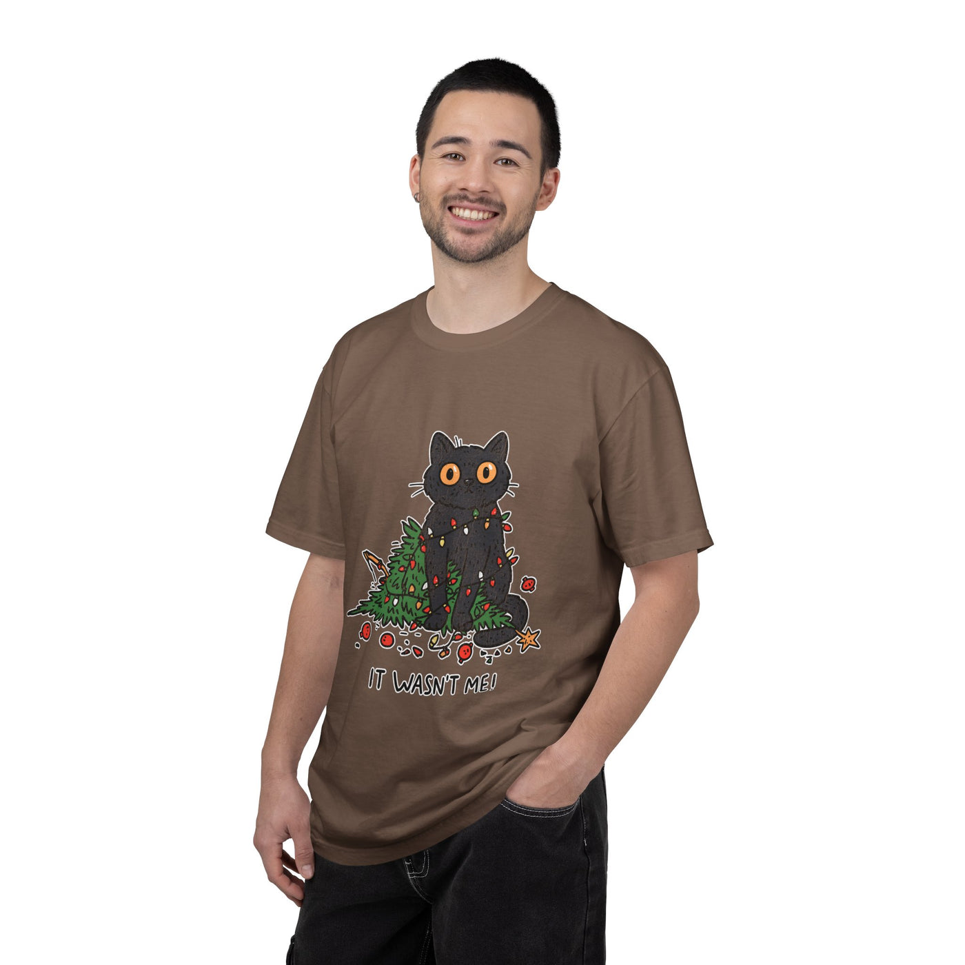 It Wasn't Me Black Cat Christmas Shirt, Funny Holiday T-Shirt, Mischievous Kitty Lights Tee, Gift for Cat Mom, Cat Dad, Christmas Party Top