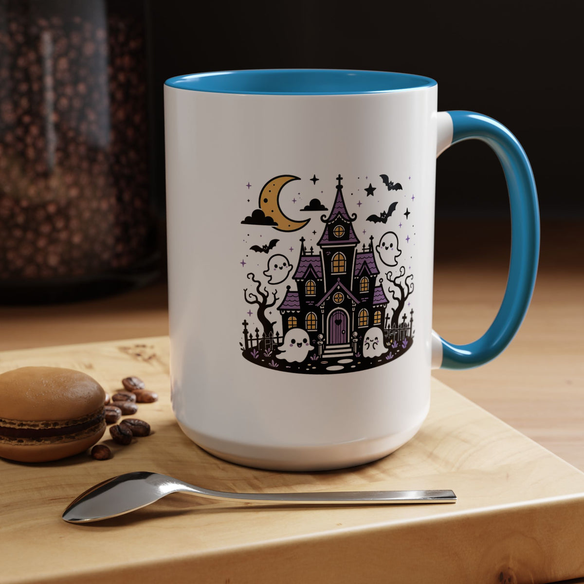 Cute Haunted House Mug, Kawaii Ghost Halloween Coffee Cup, Spooky Season Gift for Her, Purple Witchy Decor, Cozy Fall Birthday Present