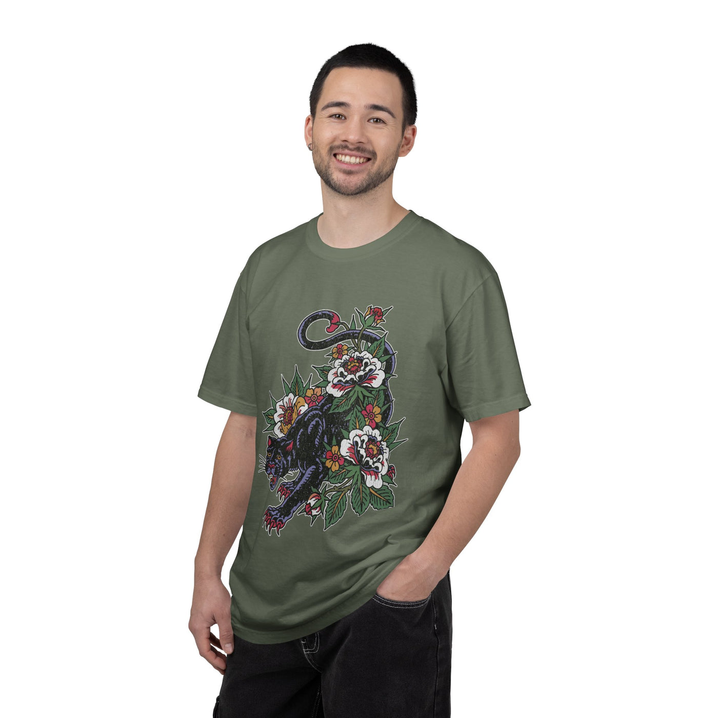 Traditional Panther Graphic Shirt, Floral Tattoo T-Shirt for Men and Women, Old School Big Cat Tee, Alternative Art Gift for Tattoo Fans