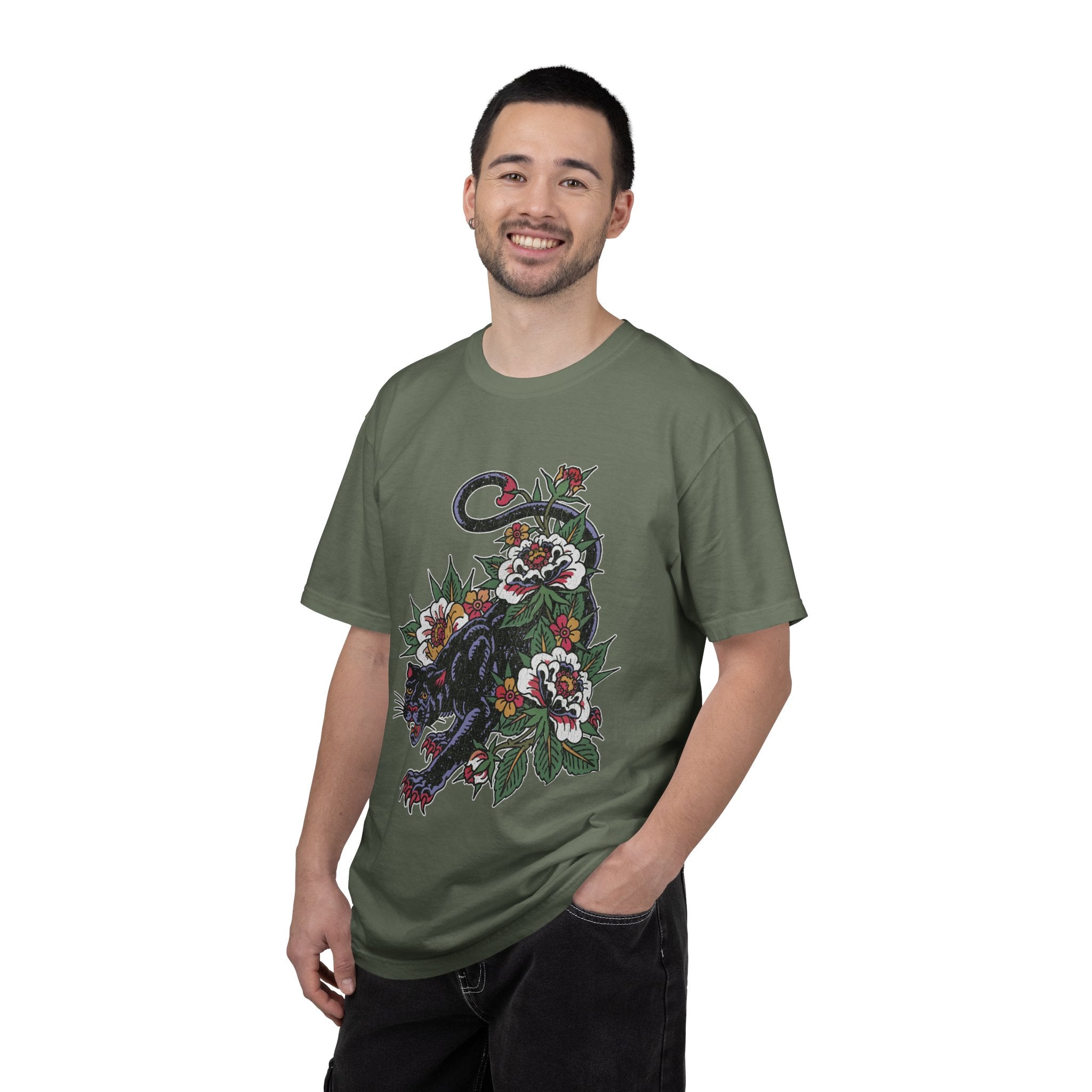 Traditional Panther Graphic Shirt, Floral Tattoo T-Shirt for Men and Women, Old School Big Cat Tee, Alternative Art Gift for Tattoo Fans