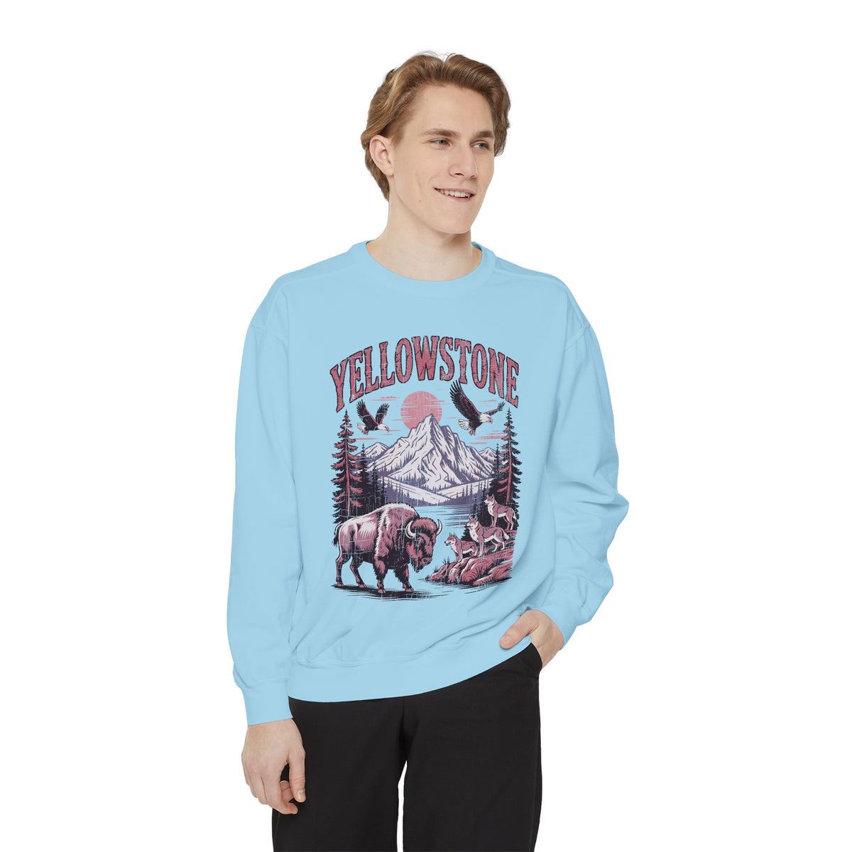 Yellowstone Wildlife Sweatshirt, Bison Wolf Eagle Mountain Crewneck, National Park Lover Gift, Western Nature Graphic Cozy Pullover