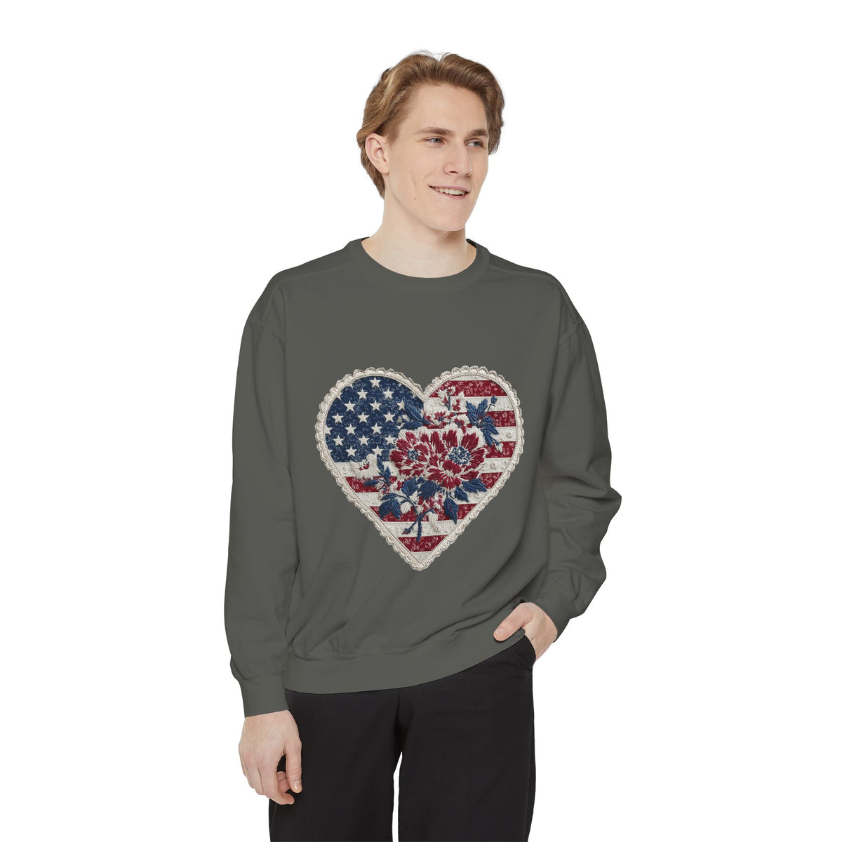 Patriotic Floral Heart Comfort Sweatshirt, American Flag Heart Crewneck, Fourth of July Sweatshirt, USA Gift for Women