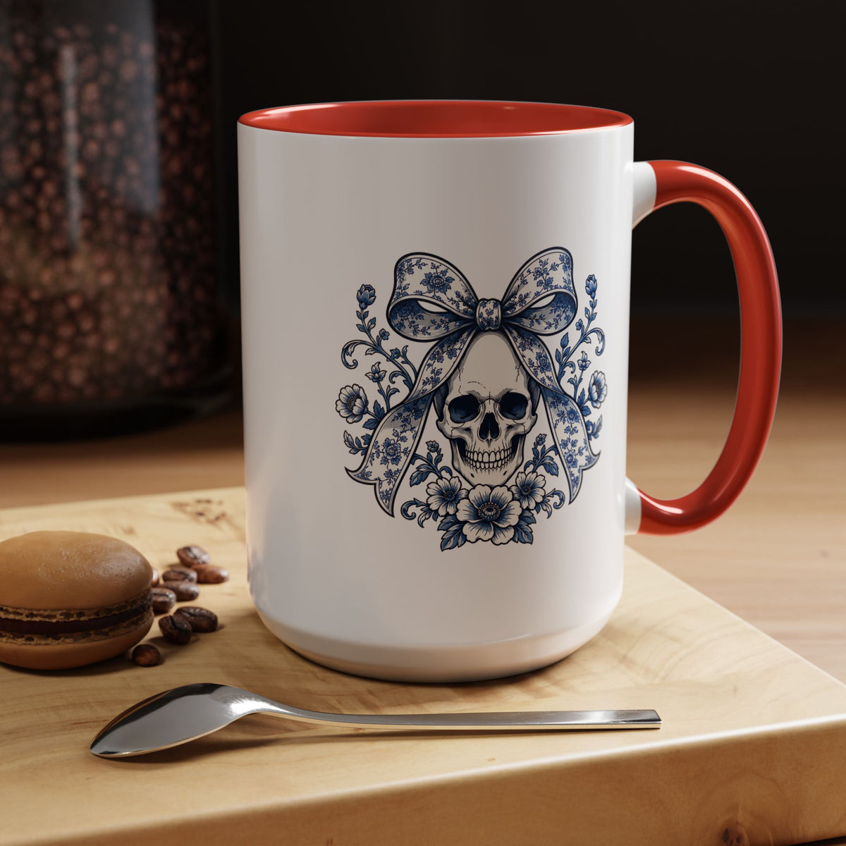 Blue Floral Skull Mug, Gothic Coquette Bow Coffee Cup, Alternative Halloween Gift for Her, Dark Academia Kitchen Decor, Spooky Present