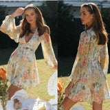 European and American Womens Fashion Printed V Neck Bubble Sleeve Lace Patchwork Large Swing Dress