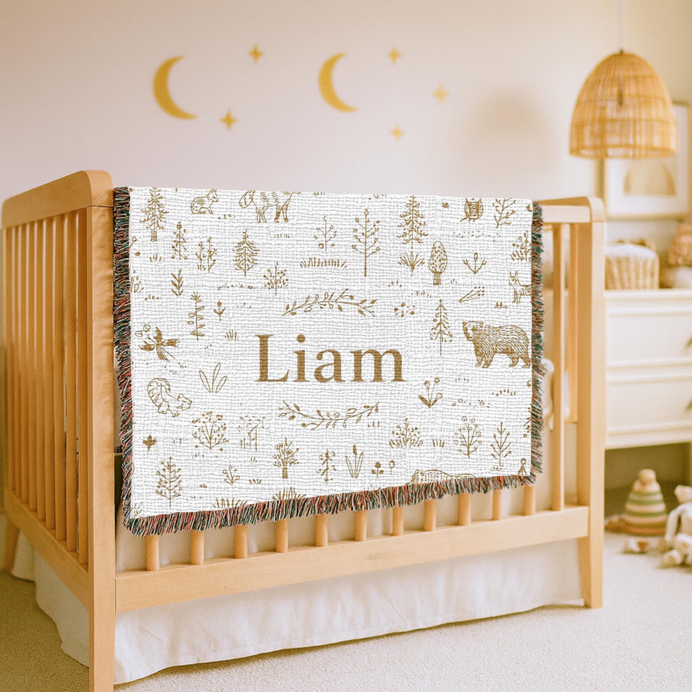 Personalized Woodland Name Woven Blanket Custom Baby Blanket Forest Animal Nursery Decor Baby Shower Gift