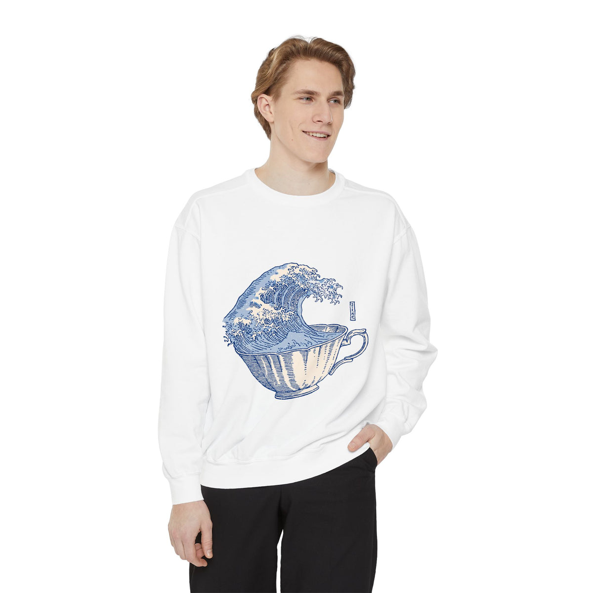 Great Wave Teacup Sweatshirt, Japanese Art Inspired Ocean Graphic, Gift for Tea Lovers and Coastal Art Fans, Casual Cafe Weekend Outfit
