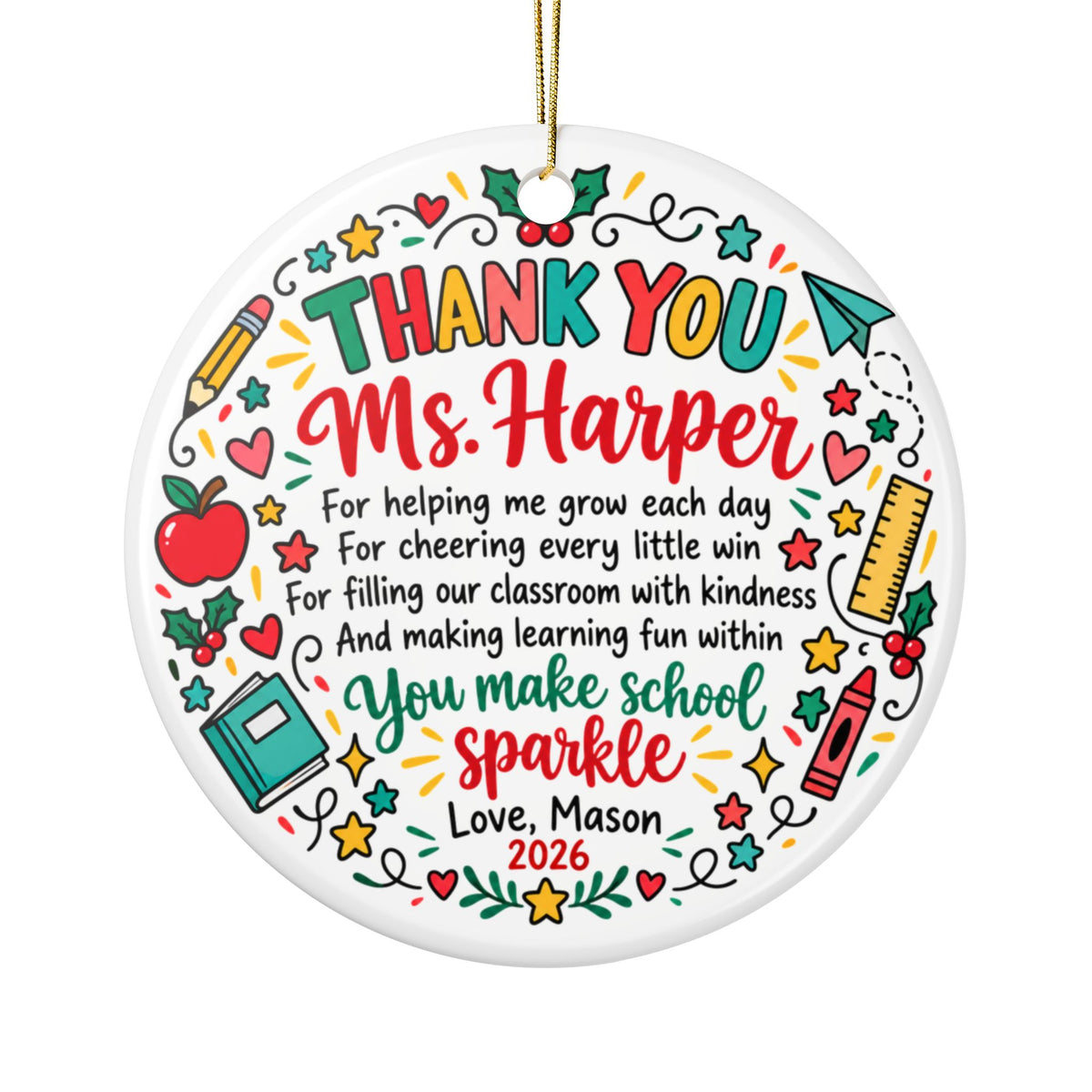 Personalized Thank You Teacher Christmas Ornament, Custom Teacher Name Gift, Teacher Appreciation Keepsake, Holiday Decor 2026