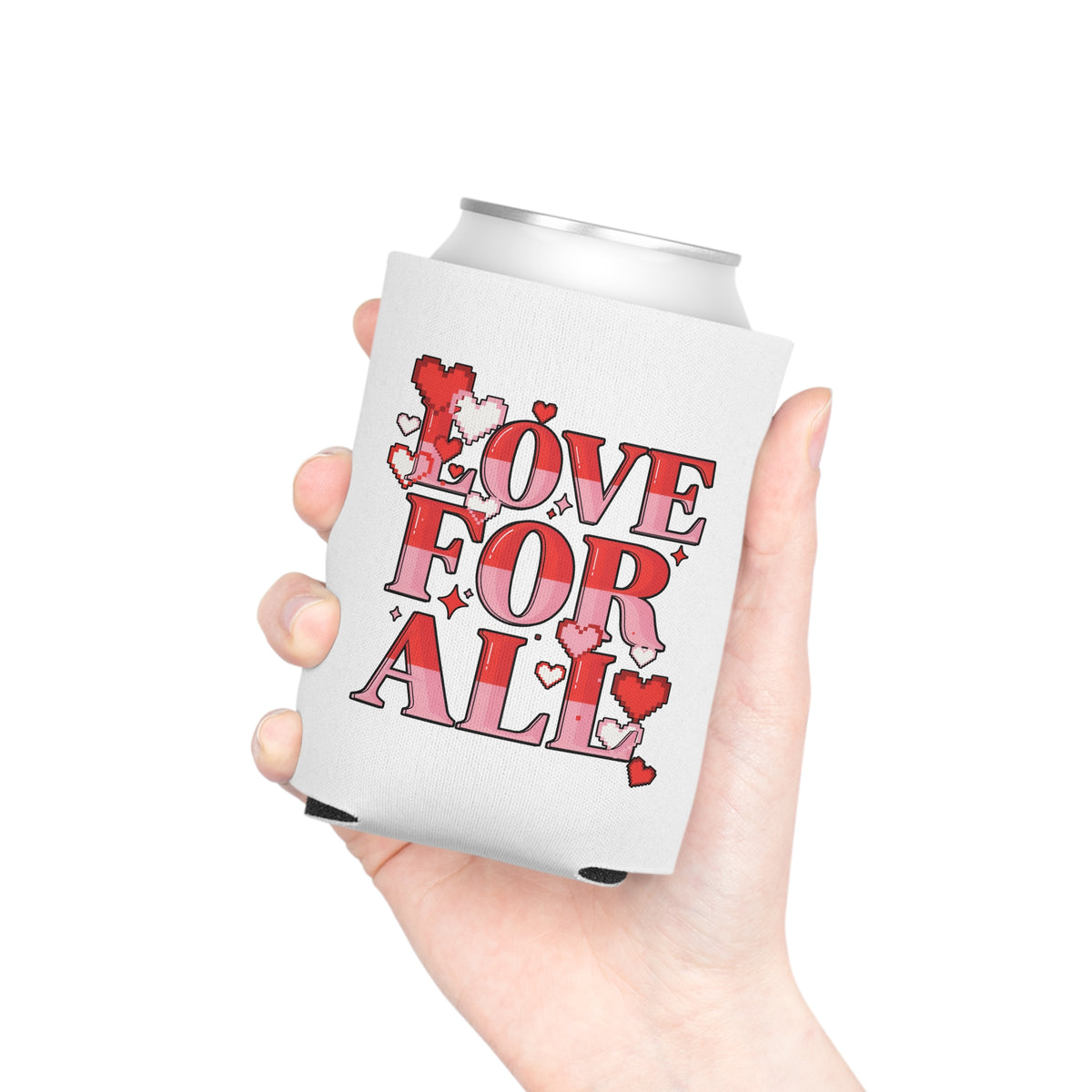 Love for All Can Cooler, Retro Pixel Heart Drink Sleeve, LGBTQ Pride Gift, Cute Summer Party Favor, Inclusive Gift for Friends