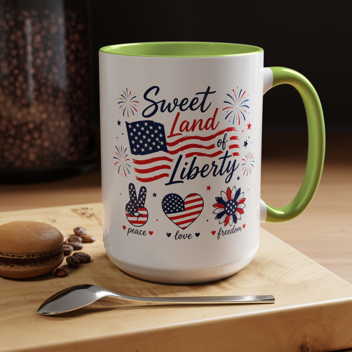 Sweet Land of Liberty Coffee Mug, Patriotic Fourth of July Mug, American Flag Heart Freedom Cup, USA Pride Gift for Women