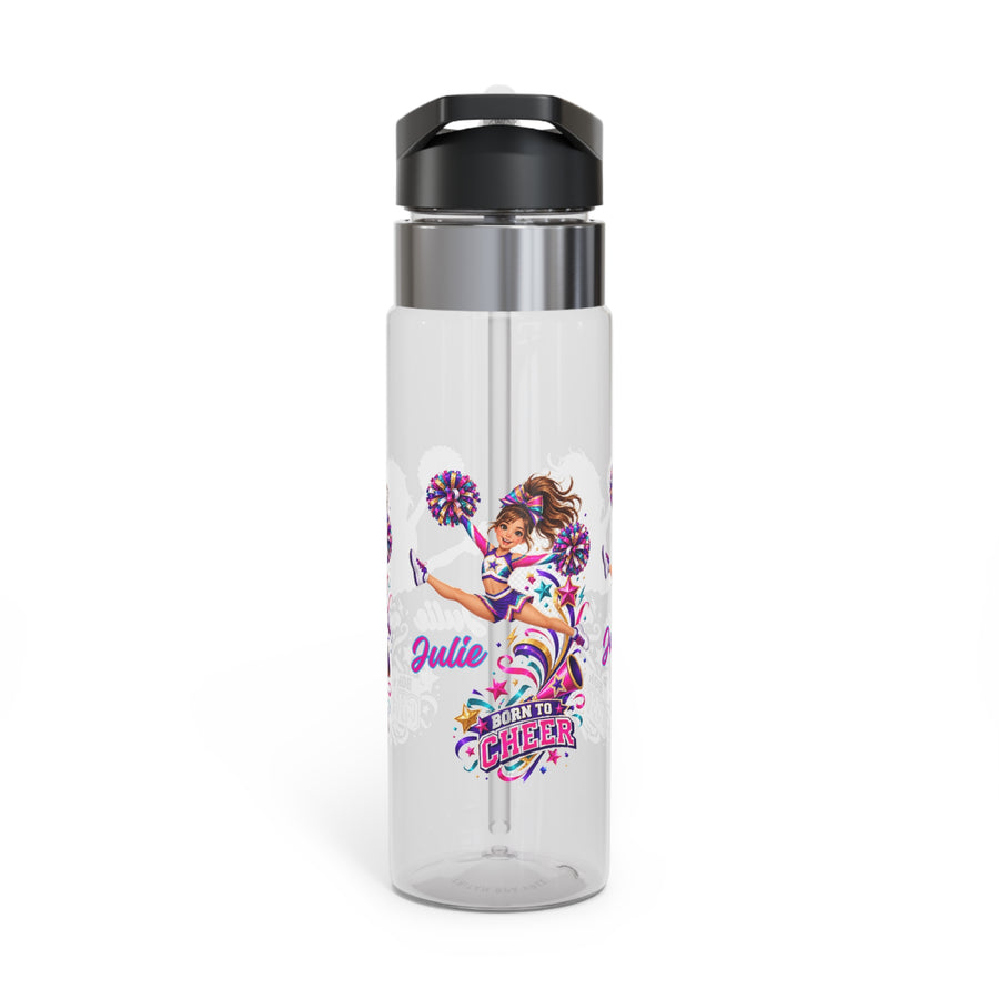Clear plastic water bottle with a black flip lid and a straw, printed with a cheerleader leaping with pink pom-poms above the words Born To Cheer, with the name Julie in pink script.