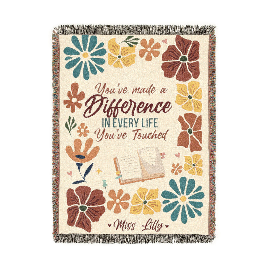 Personalized Teacher Appreciation Blanket, Custom Teacher Difference Throw, Floral Educator Gift, End of School Year Keepsake
