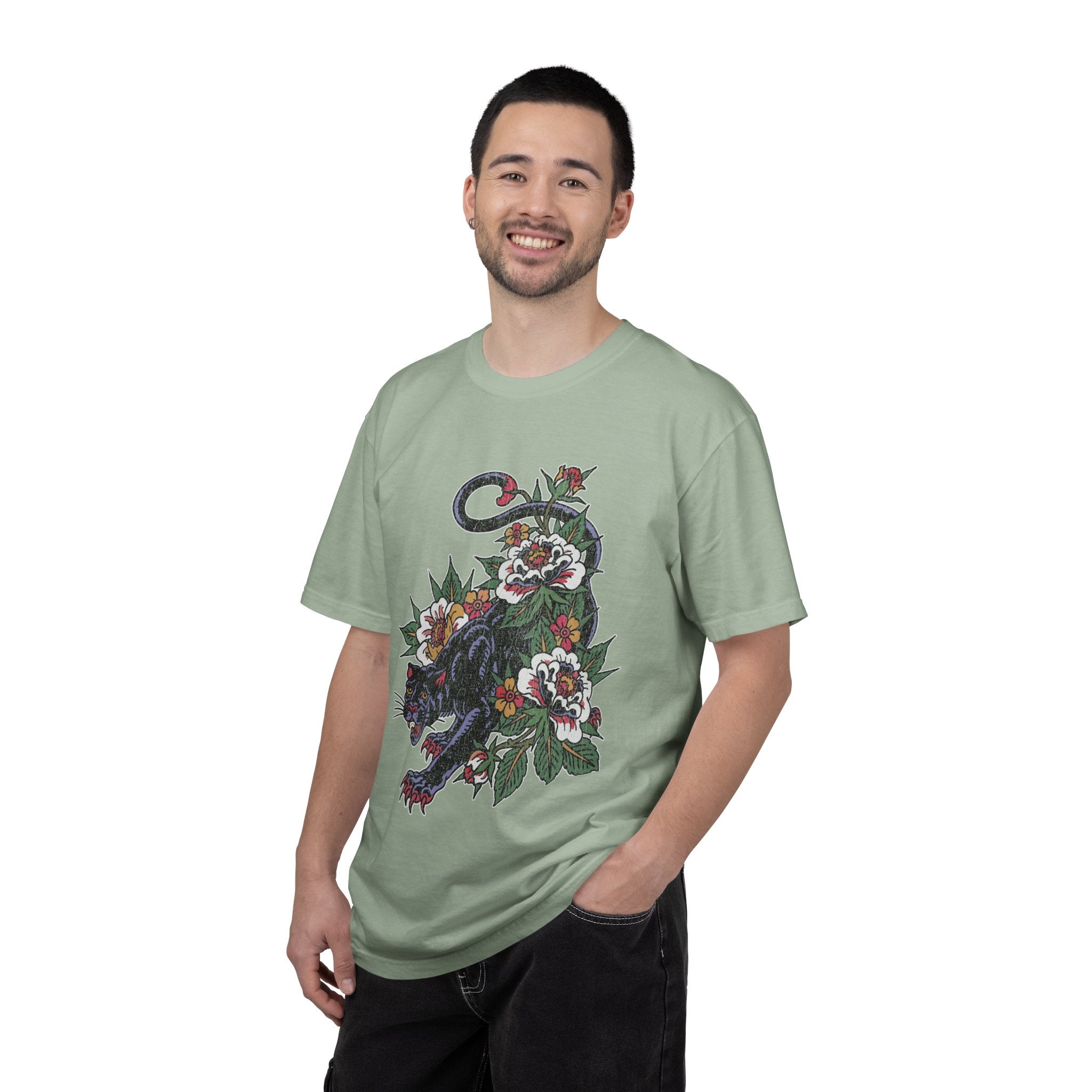 Traditional Panther Graphic Shirt, Floral Tattoo T-Shirt for Men and Women, Old School Big Cat Tee, Alternative Art Gift for Tattoo Fans