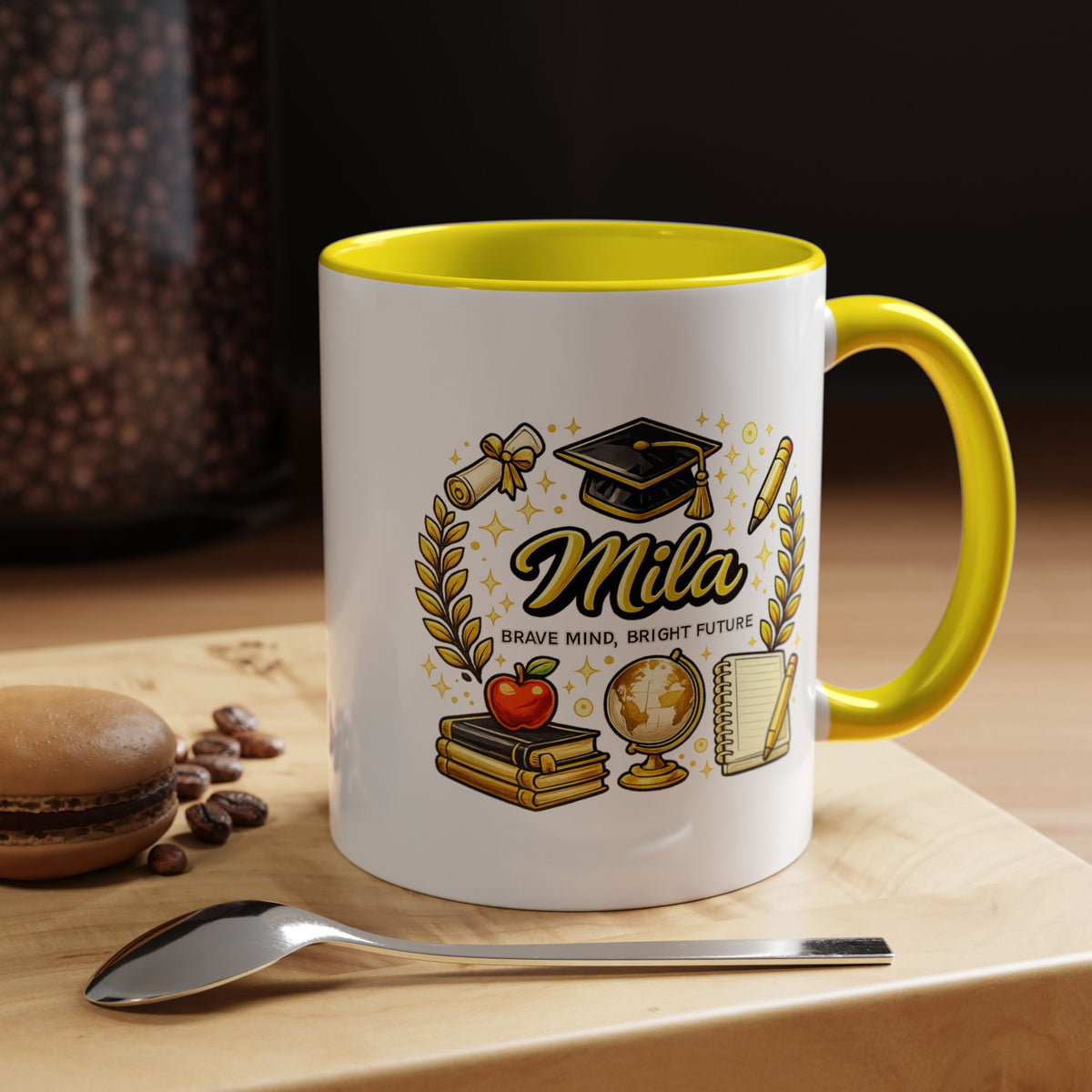Personalized Graduation Mug for Her, Brave Mind Bright Future Coffee Cup, Custom Name Gift for Daughter, College or High School Graduate