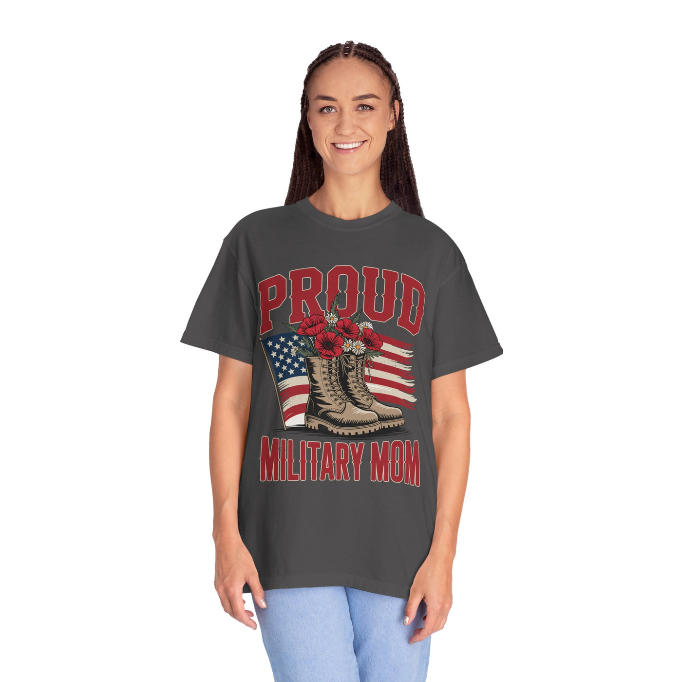 Proud Military Mom Shirt, Patriotic Army Mom T Shirt, Boots and Flowers Graphic Tee, American Flag Family Support Gift