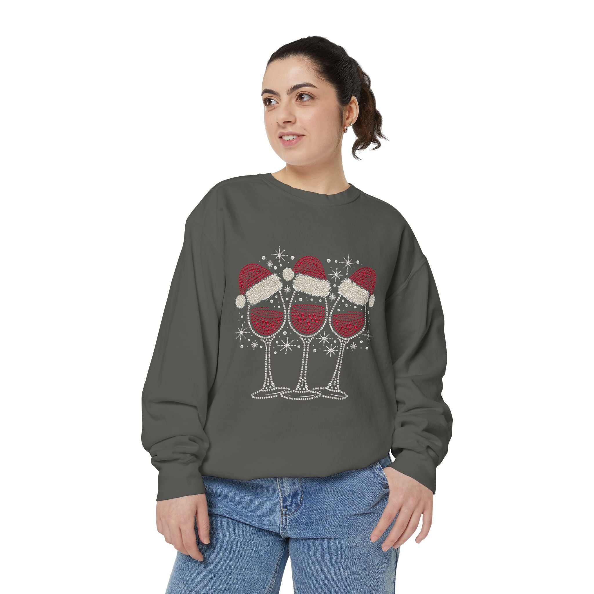 Christmas Wine Glass Sweatshirt, Rhinestone Style Santa Hat Crewneck, Sparkly Holiday Party Pullover, Wine Lover Gift for Girls Night