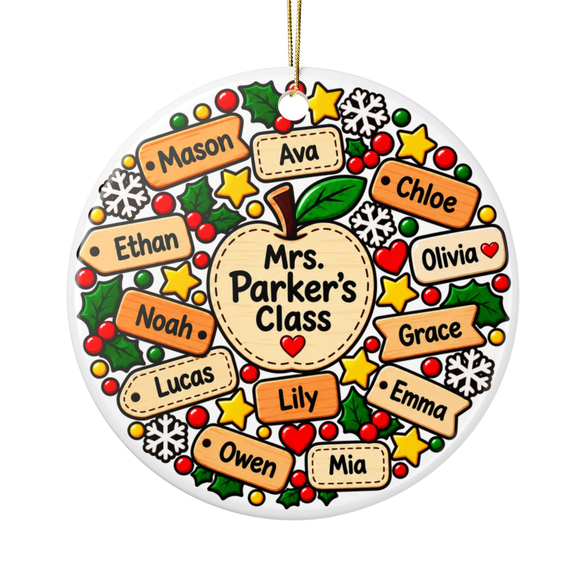 Personalized Teacher Christmas Ornament with Class Names, Apple and Pencil Design, Holiday Appreciation Gift from Students, School Keepsake
