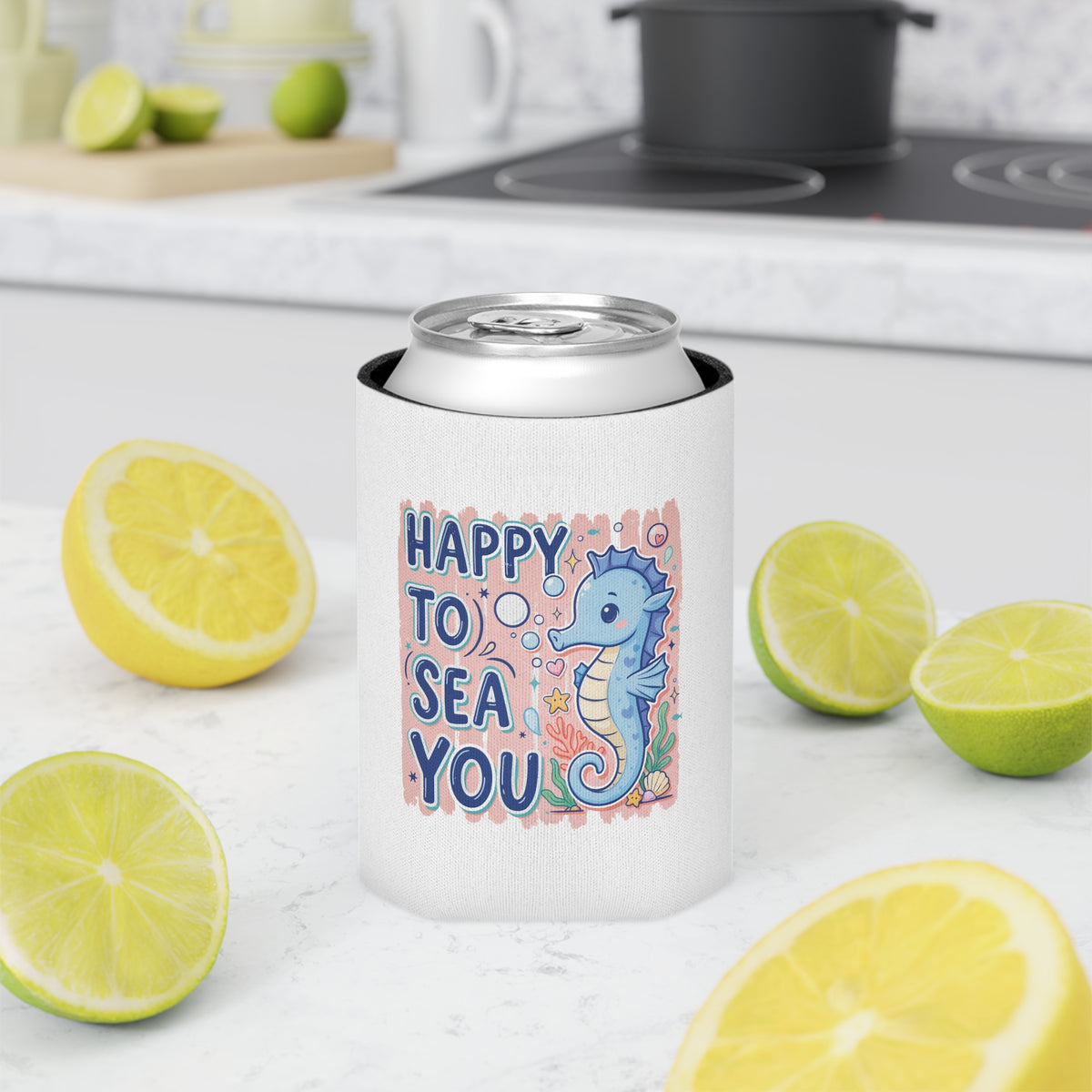 Happy to Sea You Can Cooler, Cute Seahorse Drink Sleeve, Ocean Lover Gift, Beach Party Favor, Summer Coastal Accessory