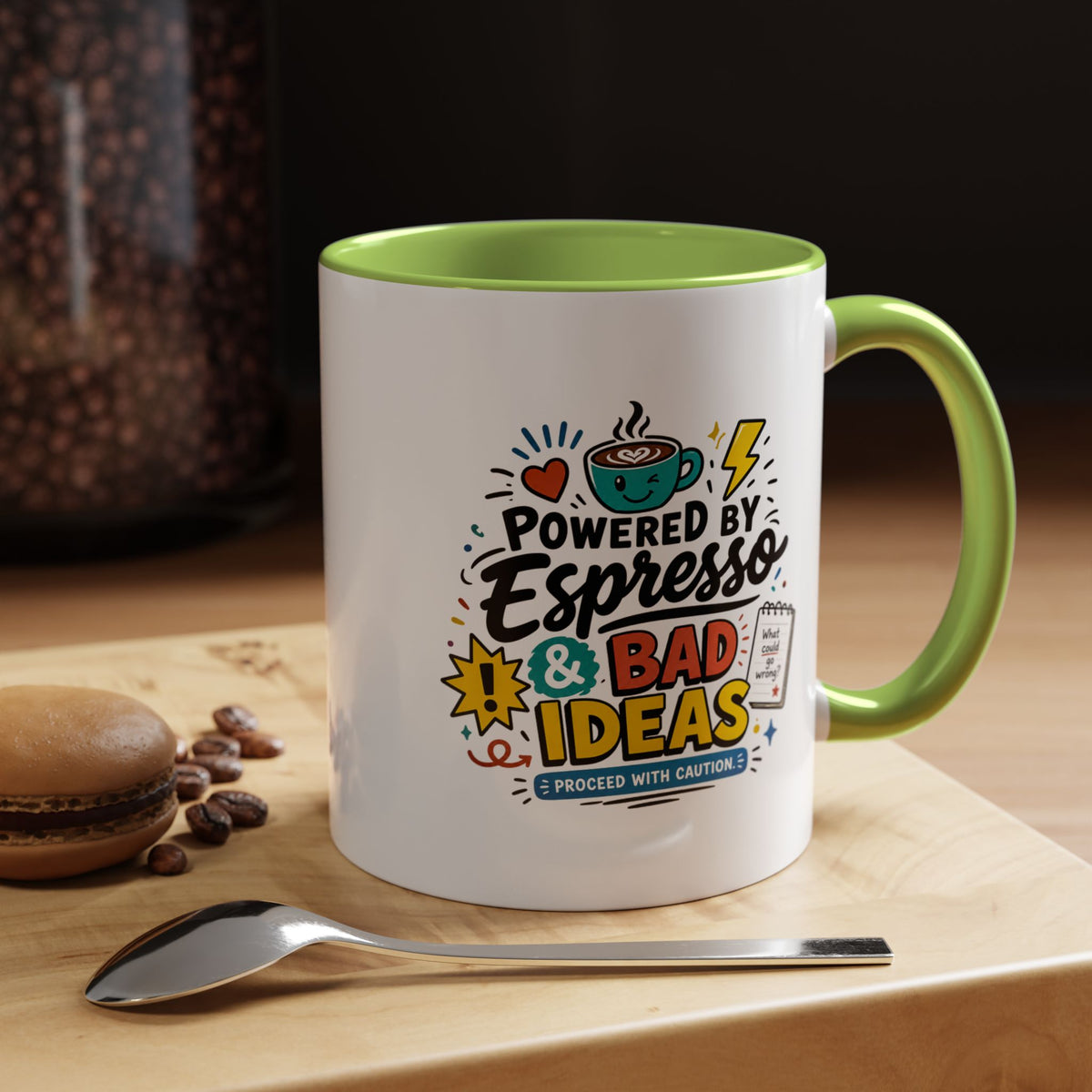 Powered by Espresso Mug, Funny Coffee Lover Cup, Bad Ideas Quote Gift for Coworker, Caffeine Addict Present, Office Humor Drinkware