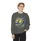 Celestial Sun Graphic Sweatshirt, Blue and Gold Cosmic Pullover, Mystical Night Sky Top, Astrology Gift for Stargazers and Dreamers