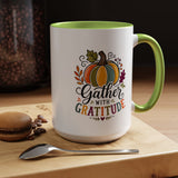 Gather With Gratitude Mug, Colorful Pumpkin Thanksgiving Coffee Cup, Cozy Fall Hostess Gift, Autumn Kitchen and Harvest Decor