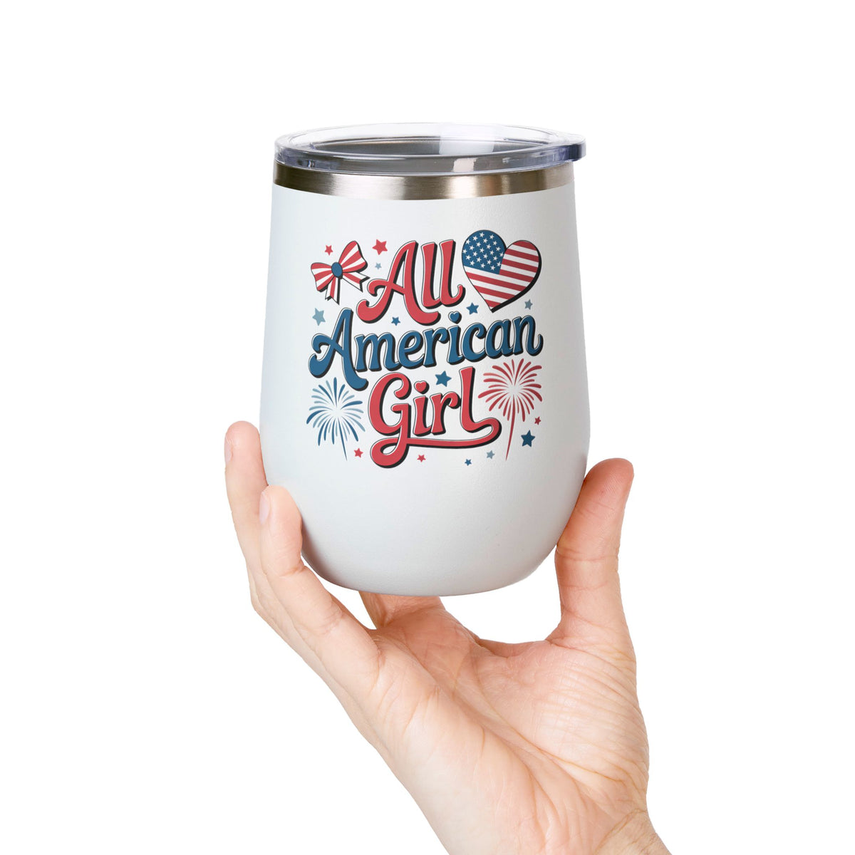 All American Girl Wine Tumbler, Patriotic Drinkware for Women, 4th of July Wine Cup, USA Gift for Her, Summer Party Favor, American Pride
