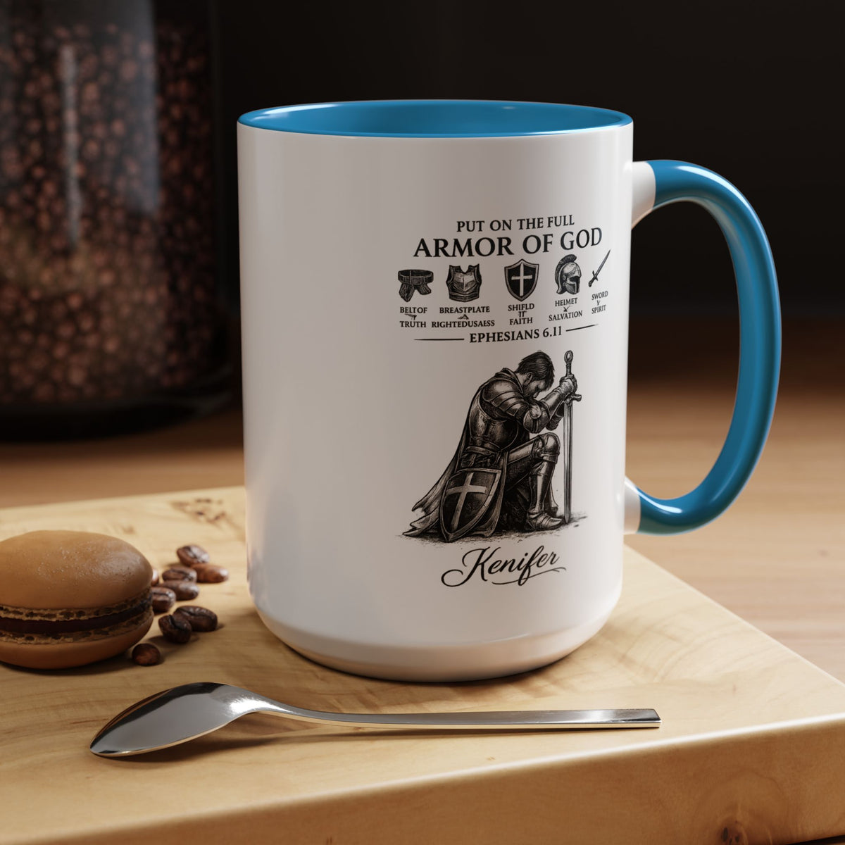 Full Armor of God Coffee Mug with Name, Personalized Christian Knight Gift for Men, Inspirational Scripture Ceramic Tea Cup, Religious Faith Present