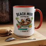 Beach Mode Sloth Coffee Mug, Funny Summer Vacation Gift for Sloth Lovers, Cute Tropical Hammock Ceramic Tea Cup with Blue Handle