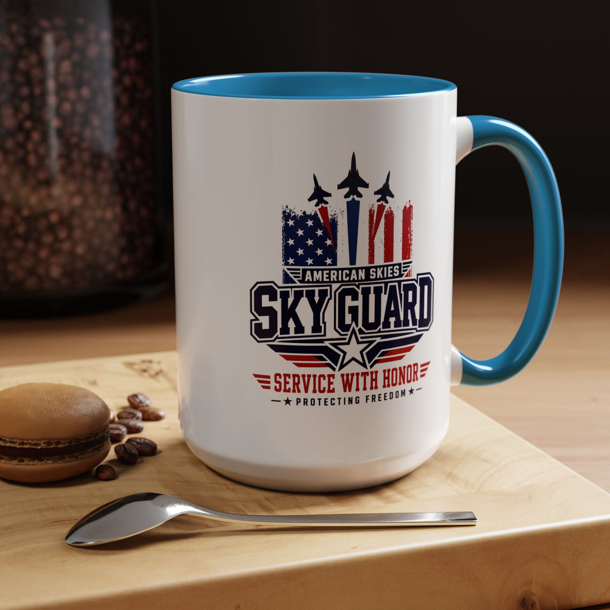 Military Aviation Coffee Mug, American Skies Skyguard Cup, Patriotic Fighter Jet Gift for Pilot, Veteran, Airman or Armed Forces Supporter