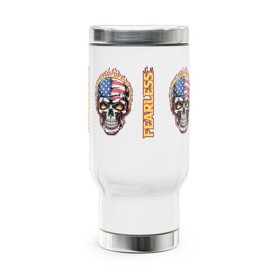 White stainless steel travel mug printed with a skull engulfed in flames, its crown painted in American flag colors, beside the word FEARLESS in flame lettering.