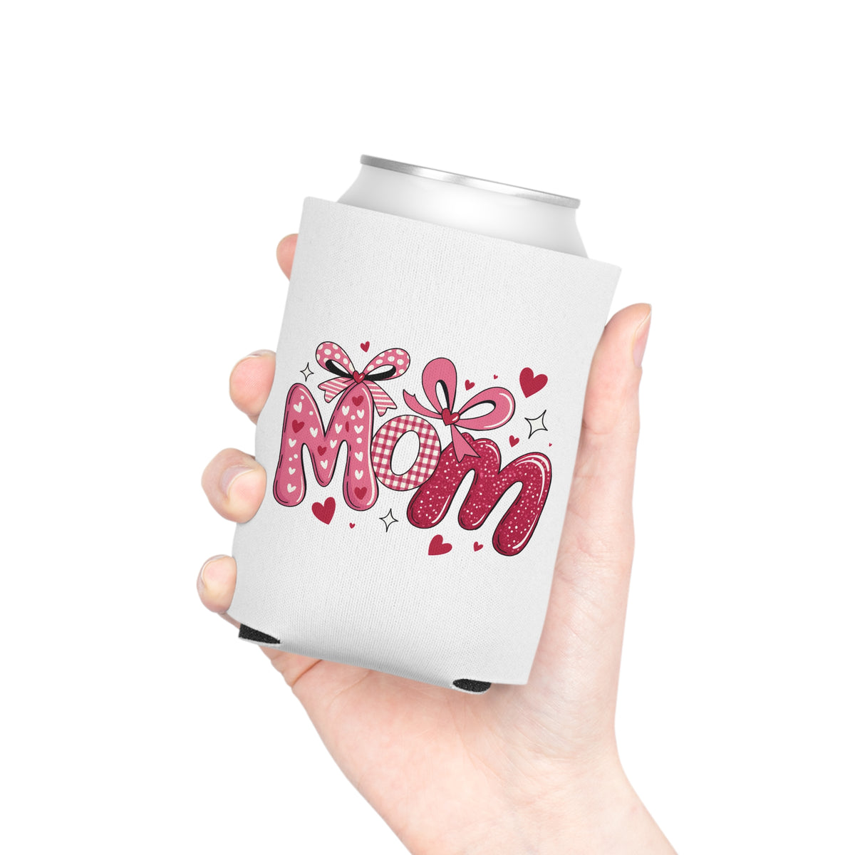 Mom Can Cooler, Mother's Day Drink Holder, Pink Bow Beverage Sleeve, Mom Gift for Her, Cute Beer Can Cozy, Floral Heart Drinkware
