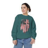 God Bless America Sweatshirt, Distressed American Flag and Cross Graphic, Patriotic Christian Gift for Church Events and Everyday Faith