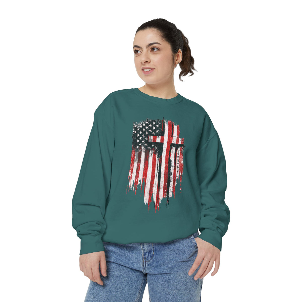 God Bless America Sweatshirt, Distressed American Flag and Cross Graphic, Patriotic Christian Gift for Church Events and Everyday Faith