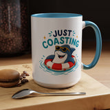 Funny Shark Coffee Mug, Just Coasting Shark Mug, Cute Beach Lover Coffee Cup, Relaxing Summer Vacation Gift for Shark Fans