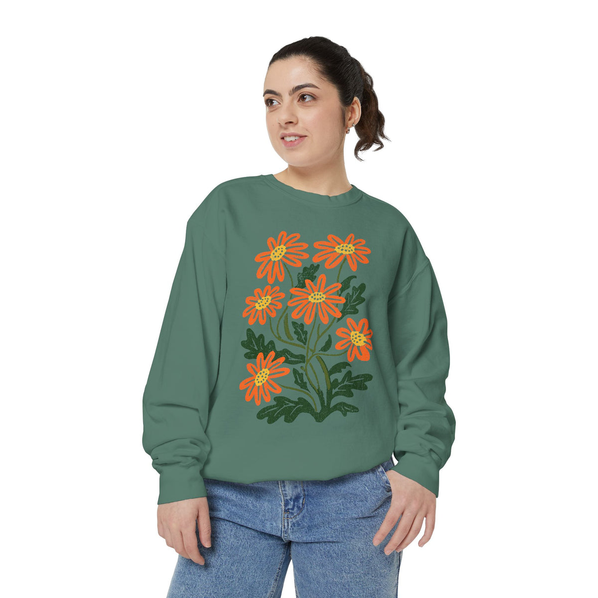 Orange Daisy Graphic Sweatshirt, Retro Floral Pullover for Flower Lovers, Groovy Botanical Top, Cheerful Garden Gift for Women