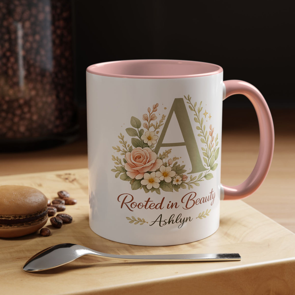 Personalized Floral Initial Mug, Custom Name Coffee Mug with Monogram Letter, Rooted in Beauty Gift for Women, Botanical Birthday Cup