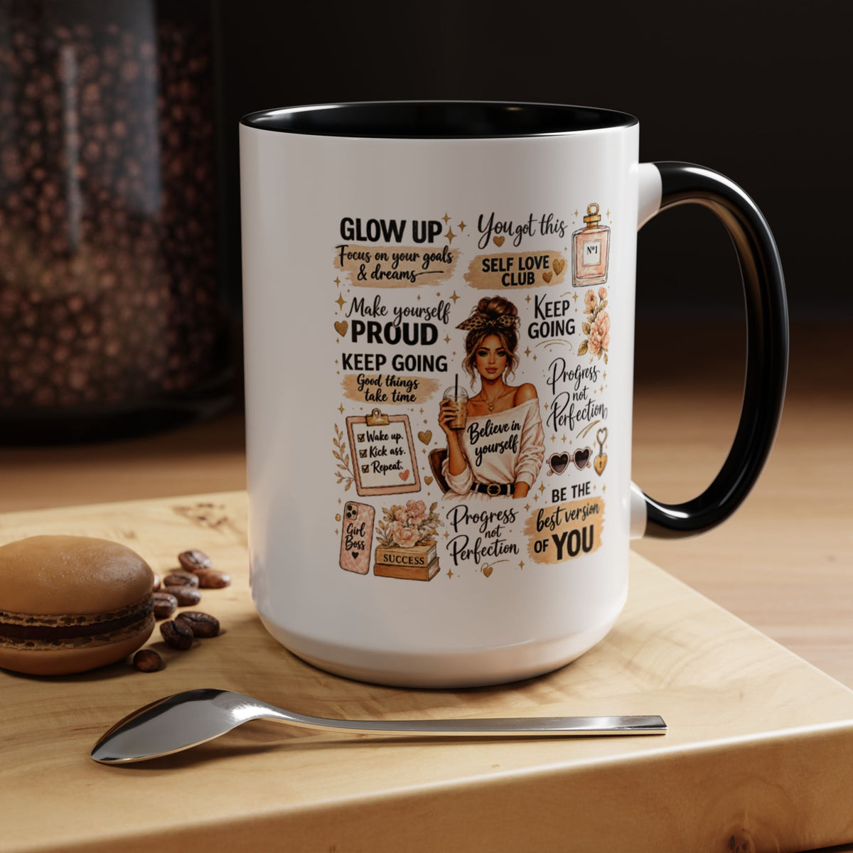 Glow Up Affirmations Coffee Mug, Girl Boss Self Care Gift for Her, Cute Messy Bun Aesthetic Motivational Ceramic Tea Cup with Pink Handle