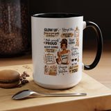 Glow Up Affirmations Coffee Mug, Girl Boss Self Care Gift for Her, Cute Messy Bun Aesthetic Motivational Ceramic Tea Cup with Pink Handle