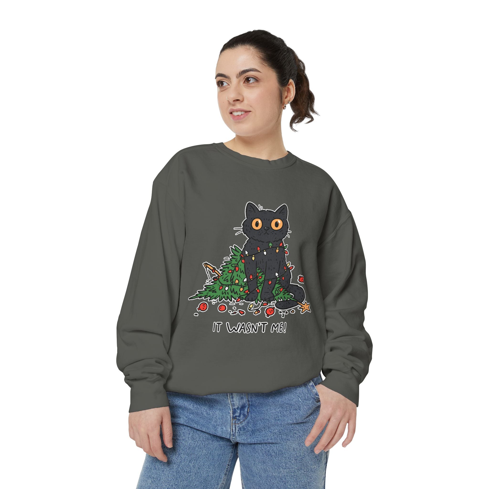 It Wasn't Me Black Cat Christmas Sweatshirt, Funny Holiday Crewneck, Mischievous Kitty Lights Pullover, Gift for Cat Mom or Cat Dad