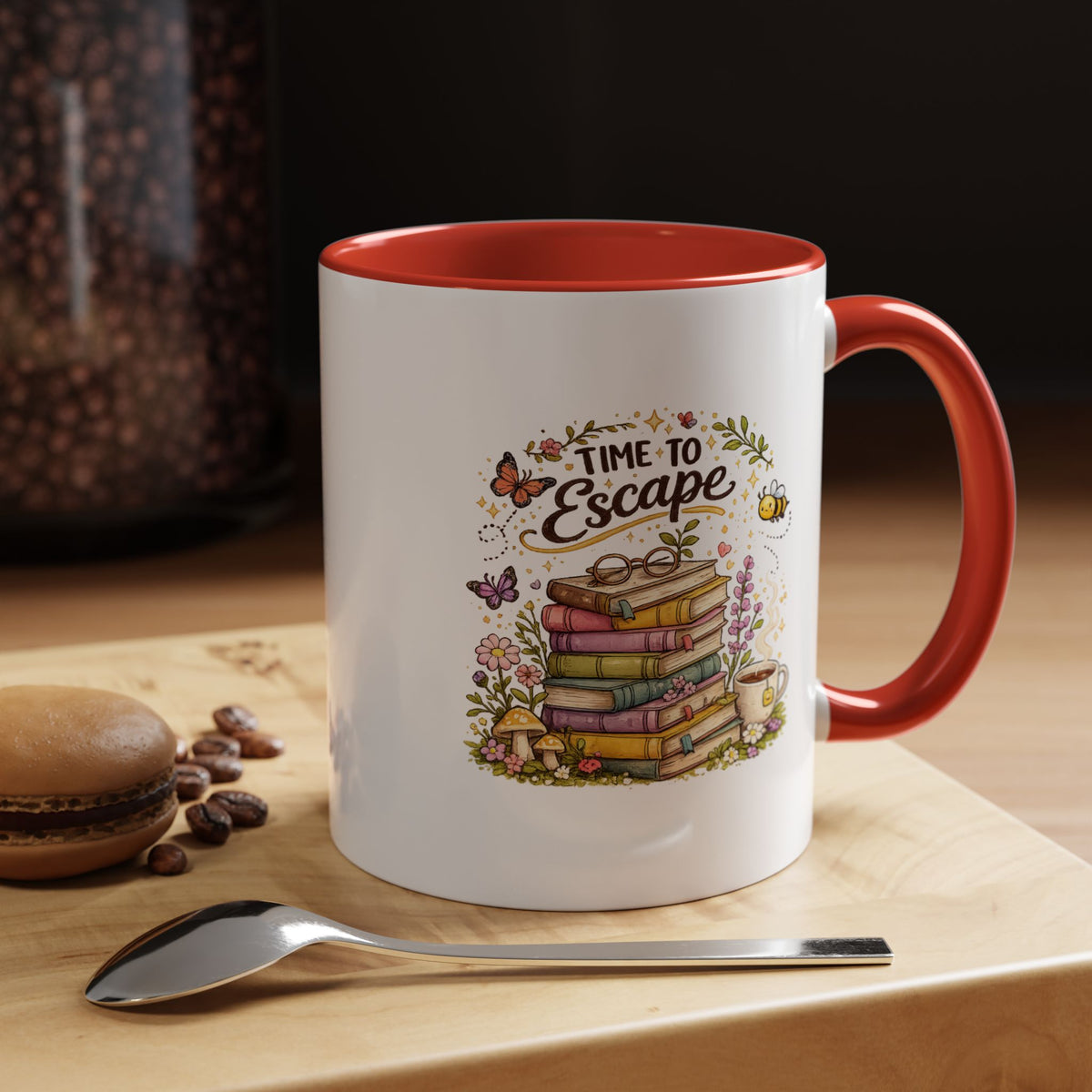Book Lover Coffee Mug, Time to Escape Black Accent Cup with Books and Tea, Unique Cozy Gift for Reader, Librarian, Teacher or Bookworm