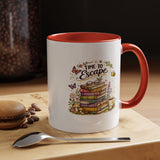 Book Lover Coffee Mug, Time to Escape Black Accent Cup with Books and Tea, Unique Cozy Gift for Reader, Librarian, Teacher or Bookworm