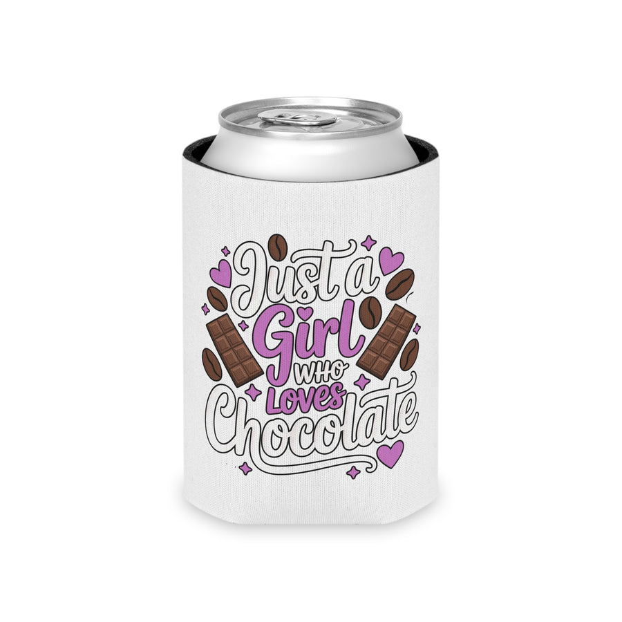 A white can cooler on a drink can, printed with "Just a Girl who Loves Chocolate" in white and purple lettering with chocolate bars, cocoa beans and hearts.
