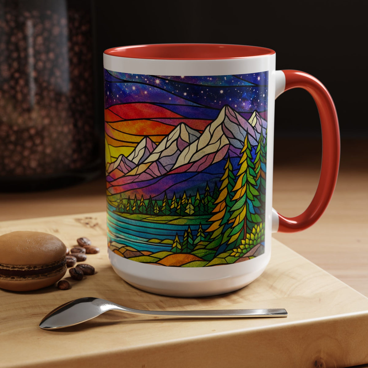 Colorful Sunset Landscape Mug, Stained Glass Nature Coffee Mug, Mountain Lake Art Mug, Outdoor Lover Gift, Scenic Ceramic Cup