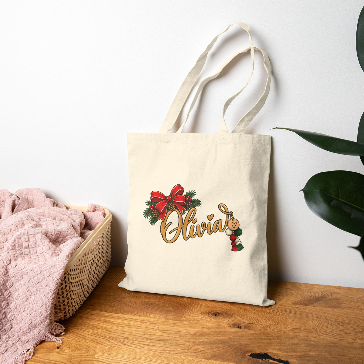 Personalized Christmas Tote Bag, Custom Name Cotton Canvas 15x16, Red Bow Evergreen, Holiday Monogram Shopper