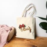 Personalized Christmas Tote Bag, Custom Name Cotton Canvas 15x16, Red Bow Evergreen, Holiday Monogram Shopper