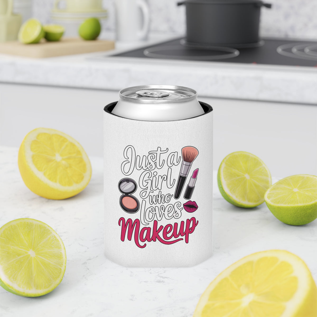 Makeup Lover Can Cooler, Just a Girl Who Loves Makeup, Cute Drink Holder for Her, Beauty Lover Gift, Girly Party Favor, Cosmetic Gift
