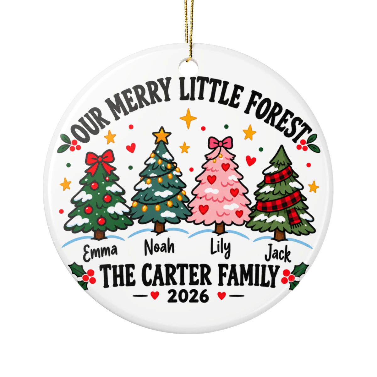 Personalized Family Christmas Tree Ornament 2026, Our Merry Little Forest with Four Names, Custom Surname Keepsake Gift for Parents and Kids