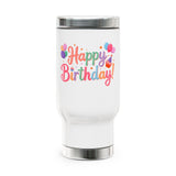 Happy Birthday Travel Mug with Handle, Pastel Balloons and Cupcake Design, Cheerful Coffee Lover Gift for a Friend or Coworker's Workday